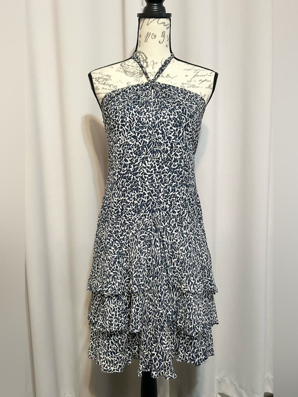 Ann Taylor Silk Halter Dress Navy Ruffle Open Back Coastal